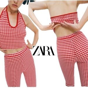 Zara red white knit cropped peep hole halter top flare pants set NWOT stretchy🔥